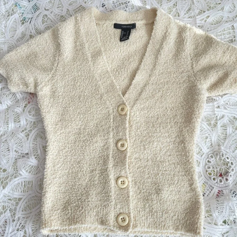 Forever 21 Fleece Sherpa Button-Up Cardigan Cream - S - Picture 2 of 7